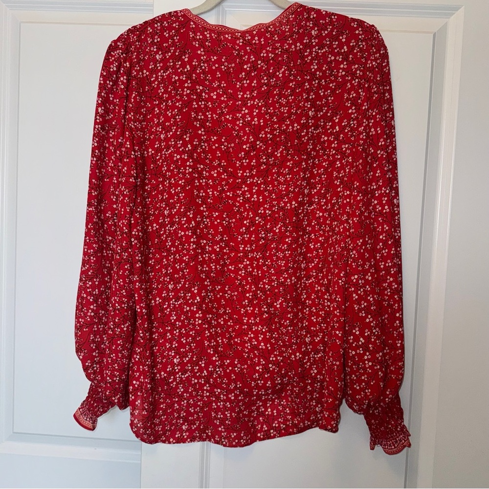 Max Studio Faux Wrap Peasant Blouse  Red Floral Ditsy Print Peasant sz L - Picture 5 of 6